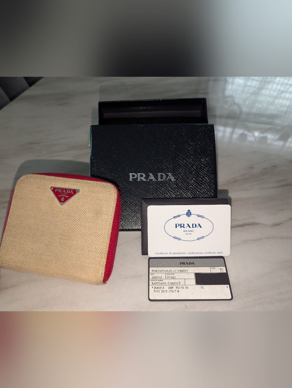 PRADA Saffiano Canvas Zip Wallet in Beige with Red Trim